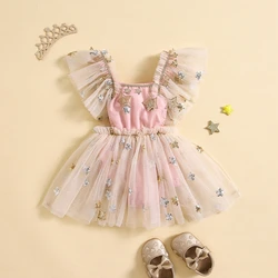 Newborn Girl Romper Dress Square Neck Fly Sleeve Sequin Star Frill Trim Mesh Jumpsuit Infant Baby Girl Summer Clothes