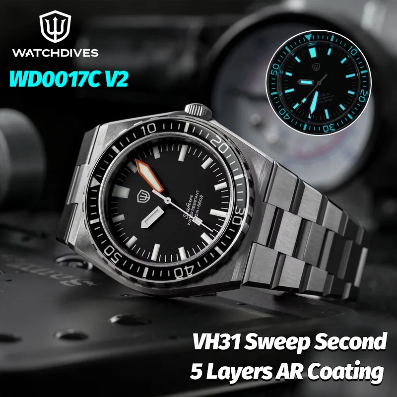 Watchdives 41Mm WD0017 Men Retro Dive Quartz Watch VH31 Sweep/Ronda 515 120-Click AR Sapphire 200M Waterproof Steel Wristwatch