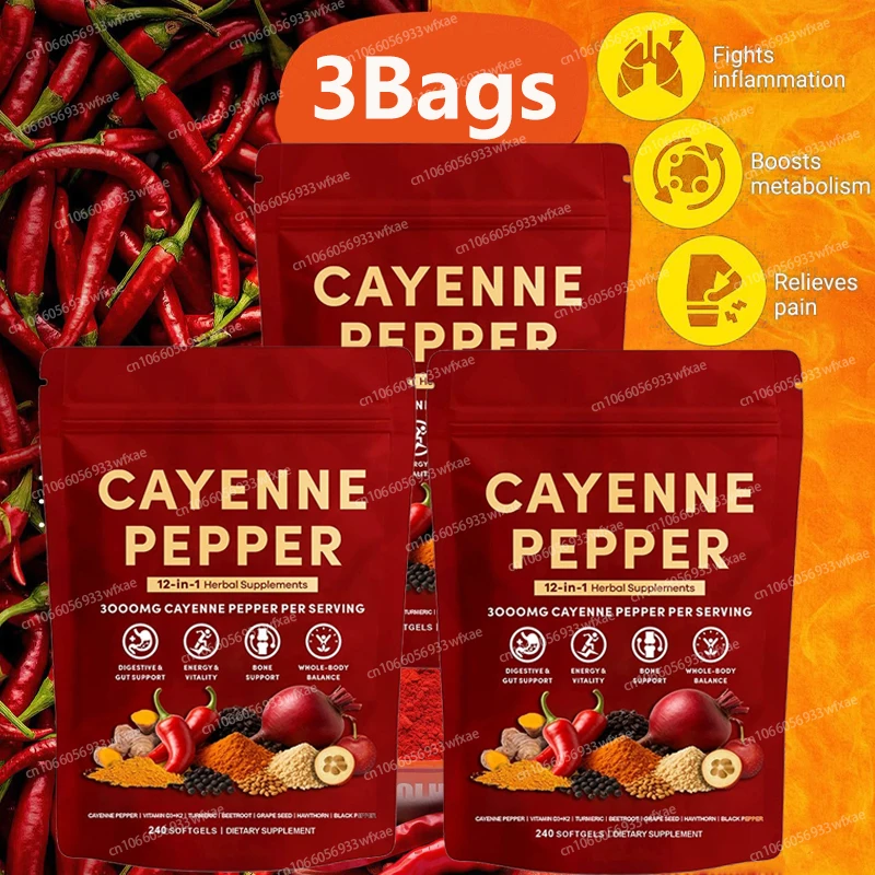 3Bags Cayenne Pepper Capsules Supports Cardiovascular Health, Improves Digestion & Blood Circulation and & Blood Vessel Health