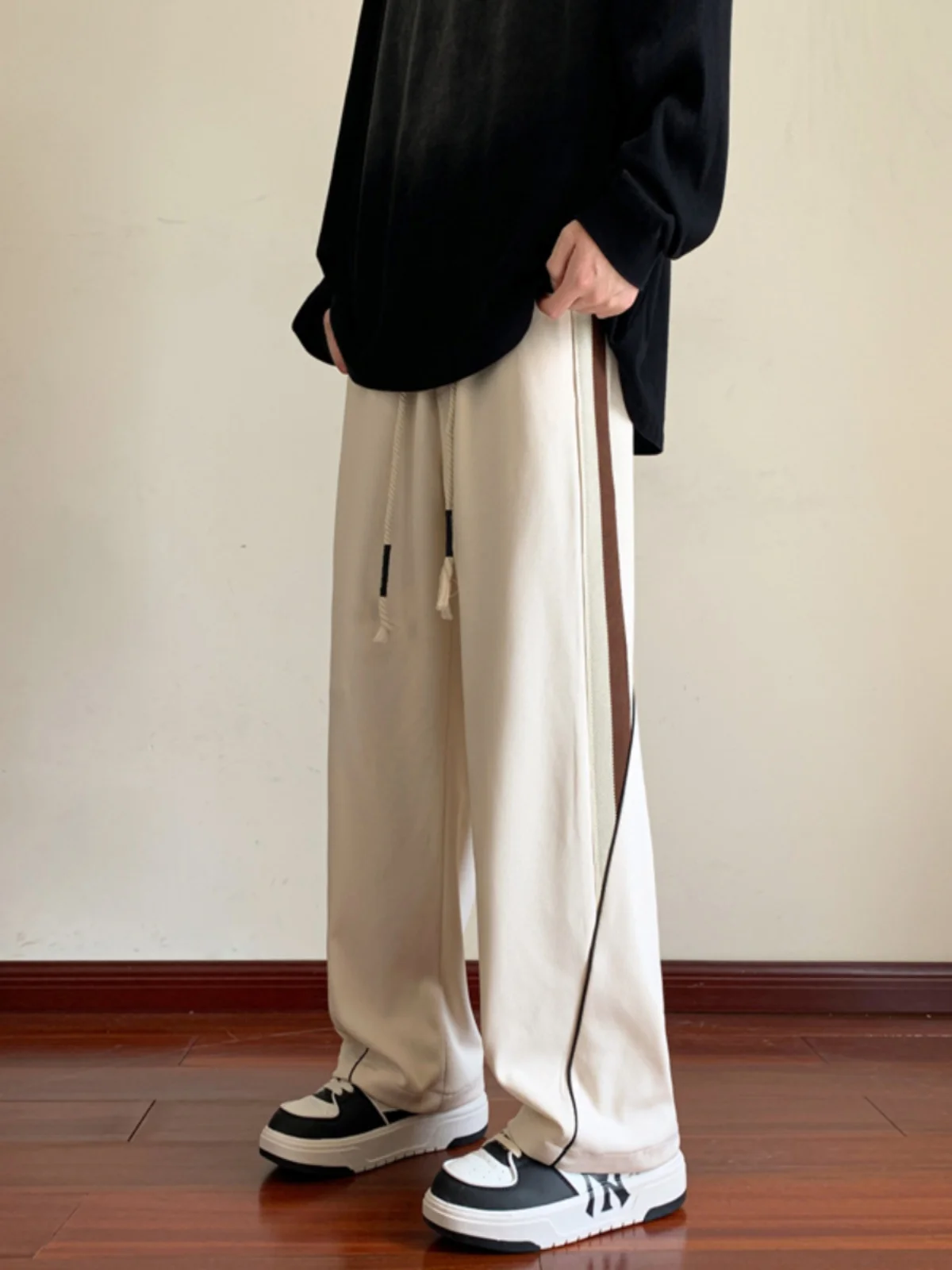 Men's Hiphop Knitted Trousers Fall Season Casual Straight Leg High Waist American Sport Sweatpants Drapey Wheat Beige