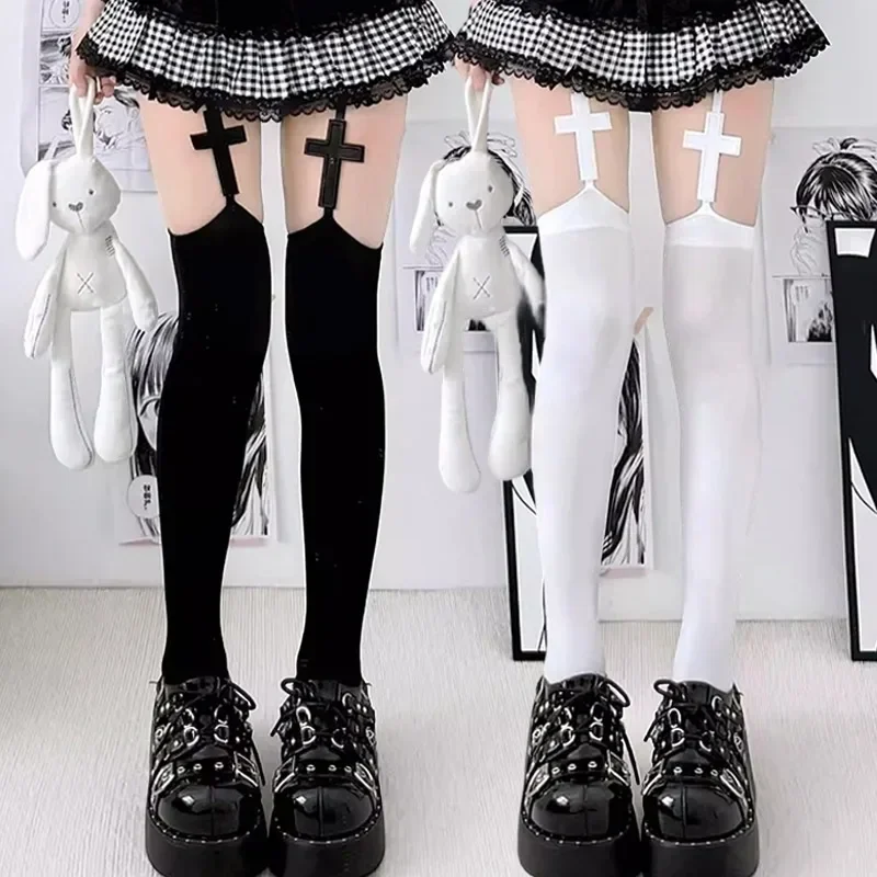 Y2k Gothic Cross Stockings Women Suspender Thigh High Socks Over Knee Japanese Black White Hosiery Sexy Belt Lolita Pantyhose