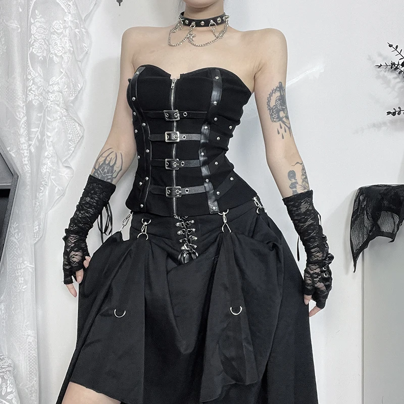 Lilac XN Y2K Goth Black Leather Buckle Strapless Tank Tops Sexy Zipper Off-Shoulder Corset Tube Tops Women Summer Top Streetwear