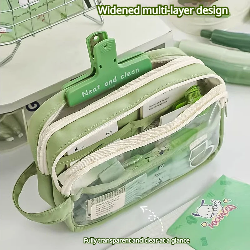 Clear Pencil Bag Portable Color Block Stationery Organizer Large Capacity Student Pencil Case School Supplies Storage Pouch