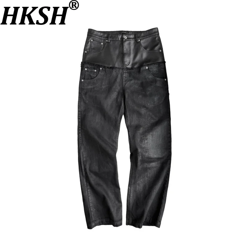 HKSH Cinder Vein Double Waist PU Spliced Bone Washed Brushed Wax Distressed Vintage Trendy Versatile Jeans HK18482
