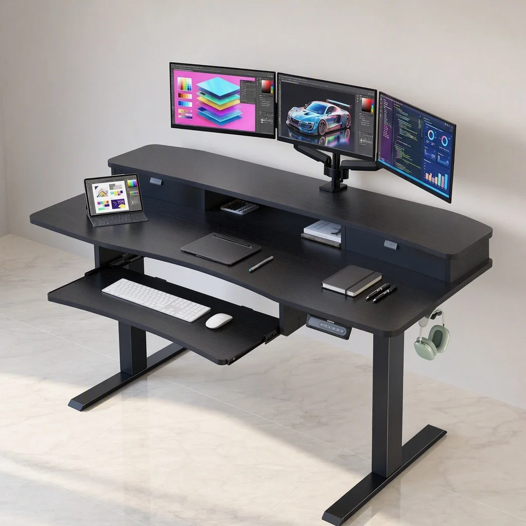 55' X 26' Electric Standing Desk, 2 Drawers & Keyboard Tray, Black | Ergonomic Desk with 2 Drawers: 27.9'-46.8' Electric Lifting. 26.7' Keyboard Tray & C-Clamp Mount Top Maximize Workspace