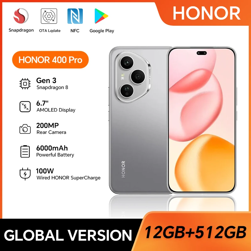 New HONOR 400 Pro 5G Global Version Smartphone 200MP AI Main Camera 6.7'' AMOLED Screen 6000 mAh 100W Wired 50W Wireless