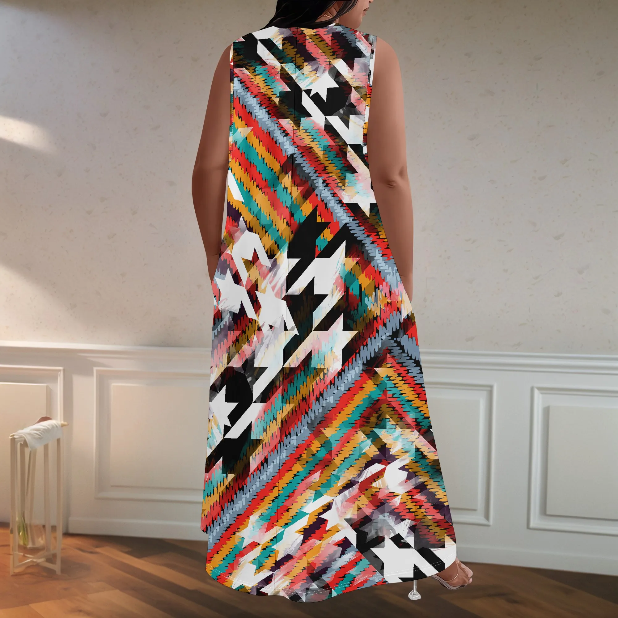 Sukienka letnia plus size damska, modna, z nadrukiem w stylu afrykańskim, bez rękawów, z okrągłym dekoltem w kształcie litery V, luźna i codzienna.