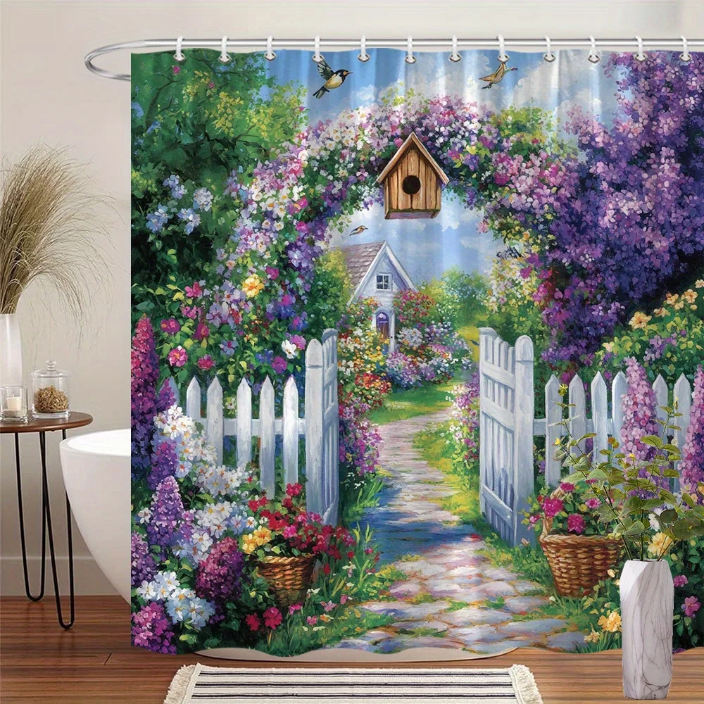 Luxurious Floral Garden Shower Curtain Cottagecore Spring Bathroom Decor Waterproof Picket Fence Whimsical Shower Bath
