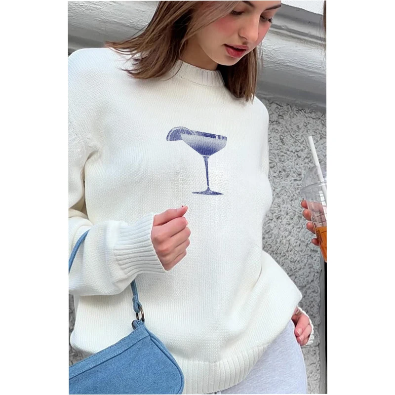 New Popular 90s Korean Harajuku Knitted Pullover Autumn And Winter Wine Glass Pattern Sweater Casual Round Neck Women Streetwear