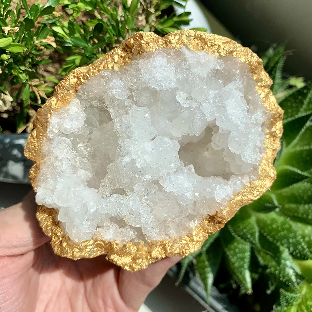 Large Natural Moroccan White Quartz Geode Half Opened Druzy Crystal Specimen With Golden Trim Sparkling Home Decor Collection