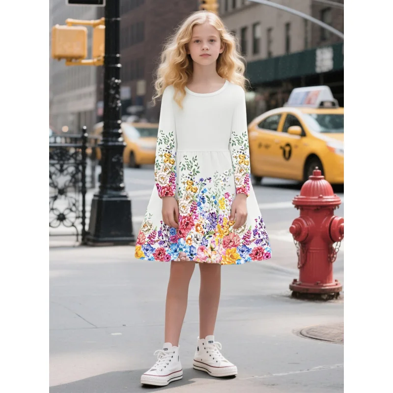 

Hot Sale 2025 Girls Long Sleeve Floral Print Swing Dress - Casual White A-Line Dress for Kids Daily Wear