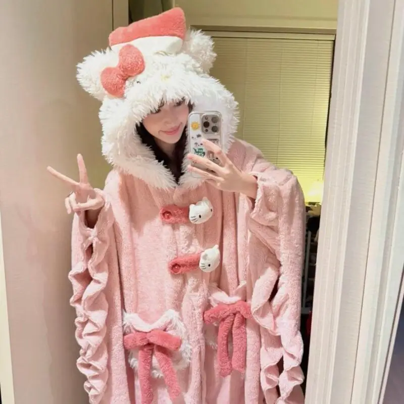 

Милые пижамы с героями мультфильмов «Hello Kitty», кавайные милые пижамы в стиле принцессы для девочек, коралловый флис, осенне-зимняя плотная теплая одежда для дома, подарок