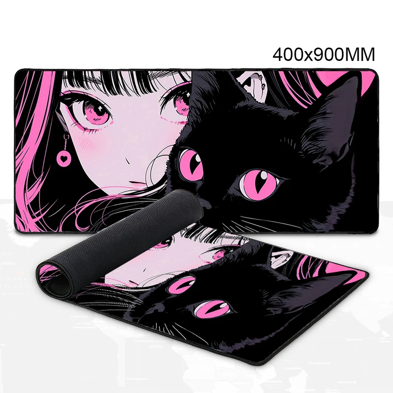 Mouse Pad Girl and Black Cat Gaming Mouse Pad with Stitched Edges and Anti-Slip Rubber Base Extended Mousemat Gaming Accessories