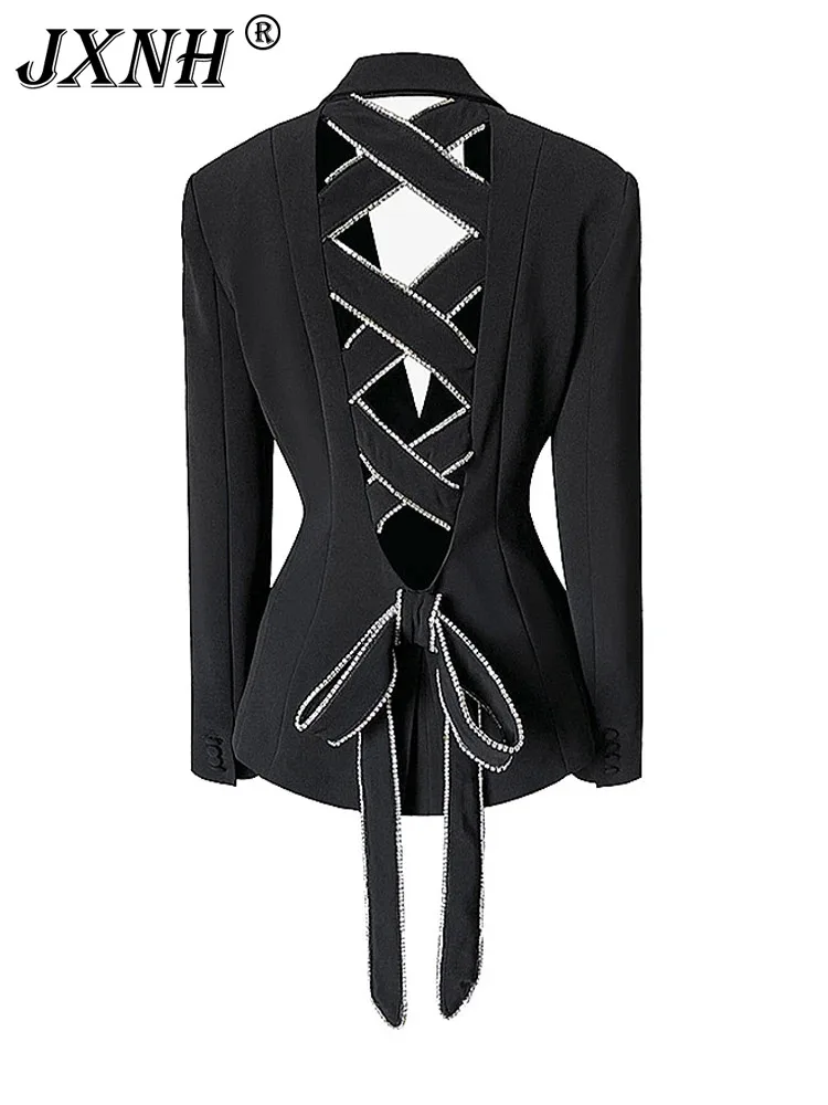 

HALO Spicy Girl's Backless Lace Up Bow, Pure Desire Heavy Industry Inlaid Diamond Cross Hollow Long Sleeved Suit Coat, Female