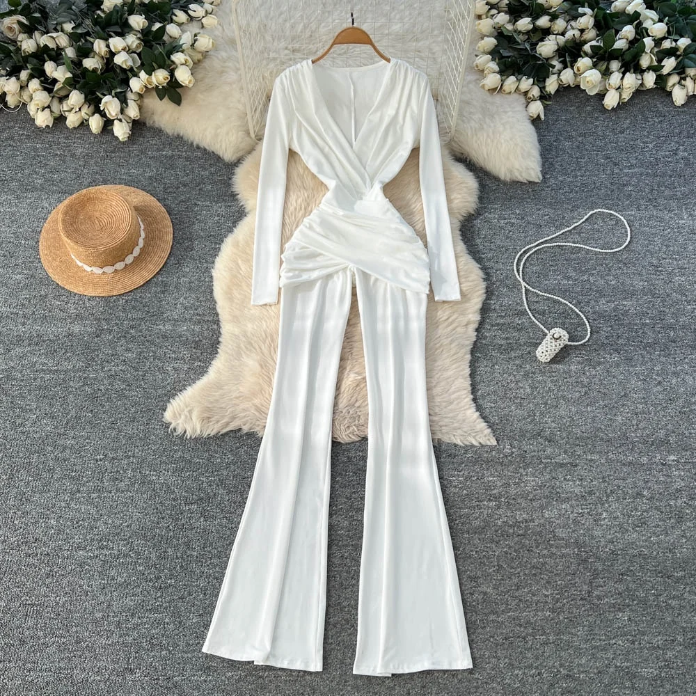 

Clothland Women Sexy Skinny Jumpsuits V Neck Long Sleeve Ruffles Slim One Piece Female Chic Long Playsuits Mujer KA516