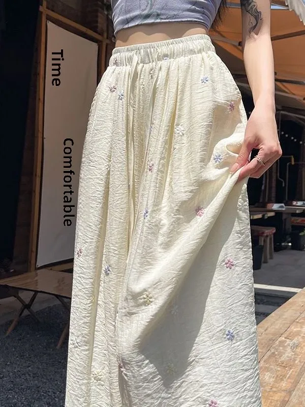 

Ice Silk Wide Leg Pants Summer New High Waist Draped Loose Straight Casual Floor-Length Pants Small Flower Embroidery Women