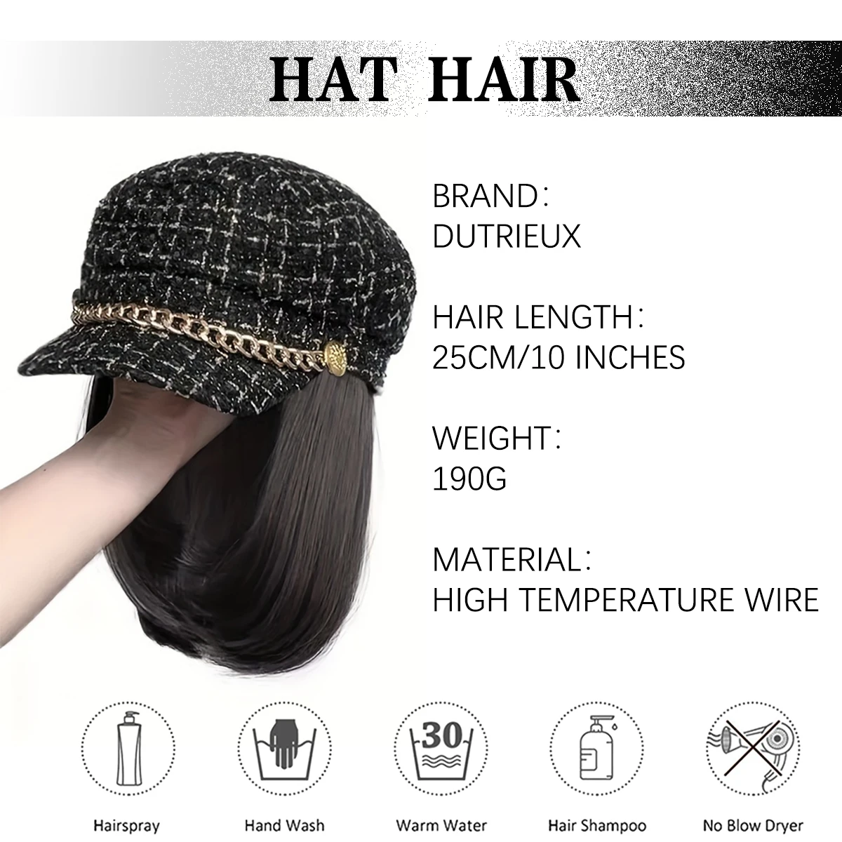 DUTRIEUX  Short Hair Synthetic Black Hat Wig Woman Small Fragrance Style Heat-resistant Wig Hat Hair Extension