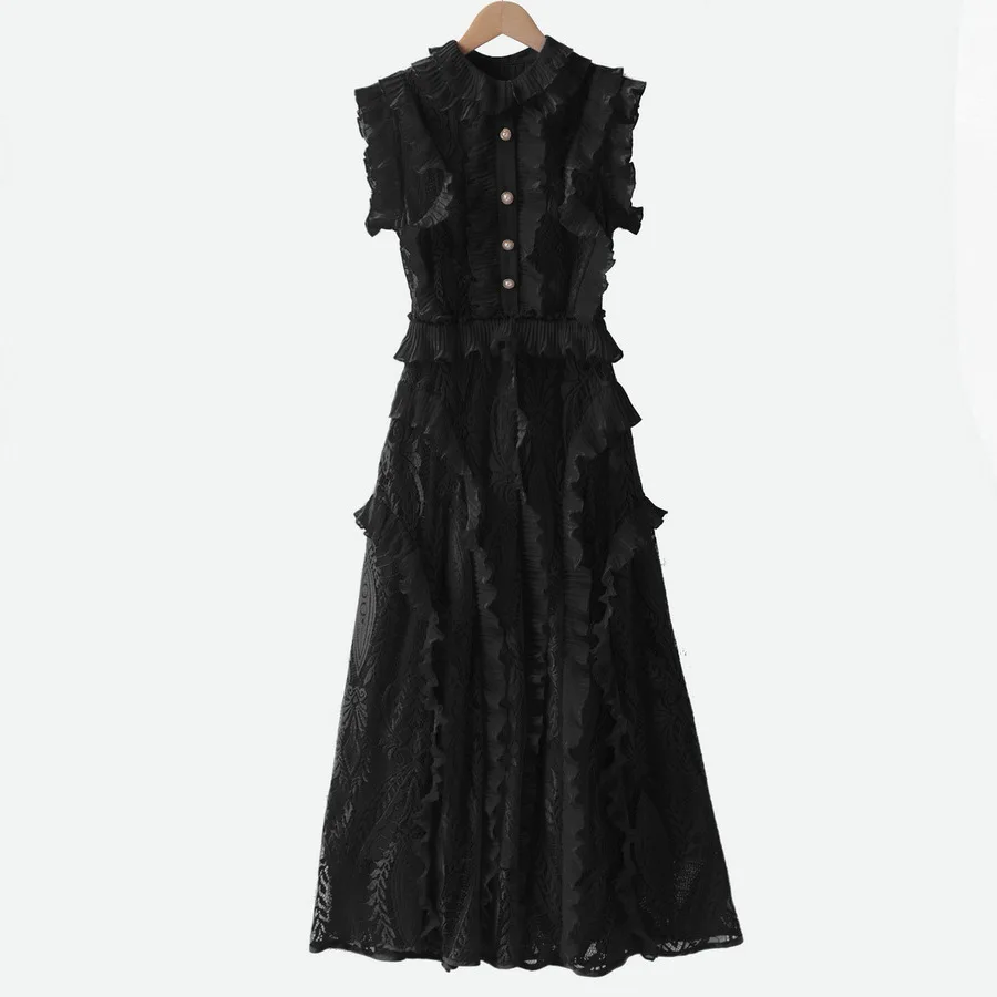 Verano 2025, nuevos estilos de ropa de mujer europea y americana, encaje sin mangas con volantes, vestido plisado de moda XXL