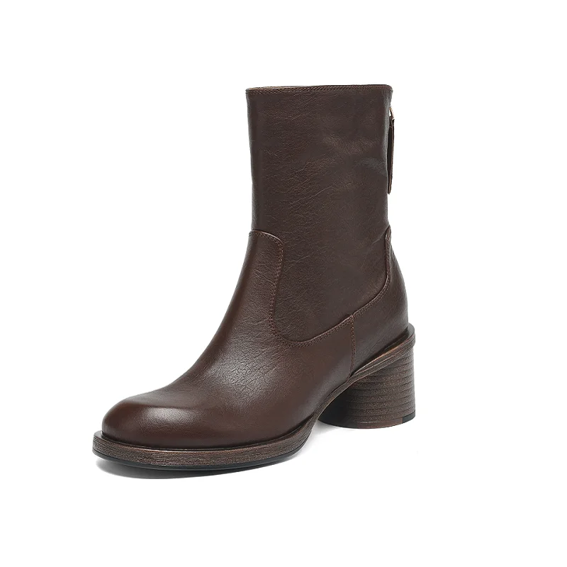 Ladies Ankle Boots Cowhide Leather Trendy Shoes Round Toe Chunky Heel Botas Retro Back Zipper High Quality Handmade Basic Shoes