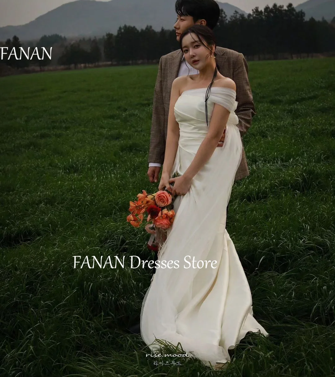 FANAN Korea White One-Shoulder Wedding Dresses Satin Short Sleeves 웨딩드레스  Corset Sheath Simple Custom Made Bride Gowns Plus Size