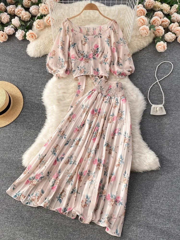 New Women Elegant Floral Skirt Set Female Sleeveless Top & A-Line Midi Skirt Female Casual Suits 2022