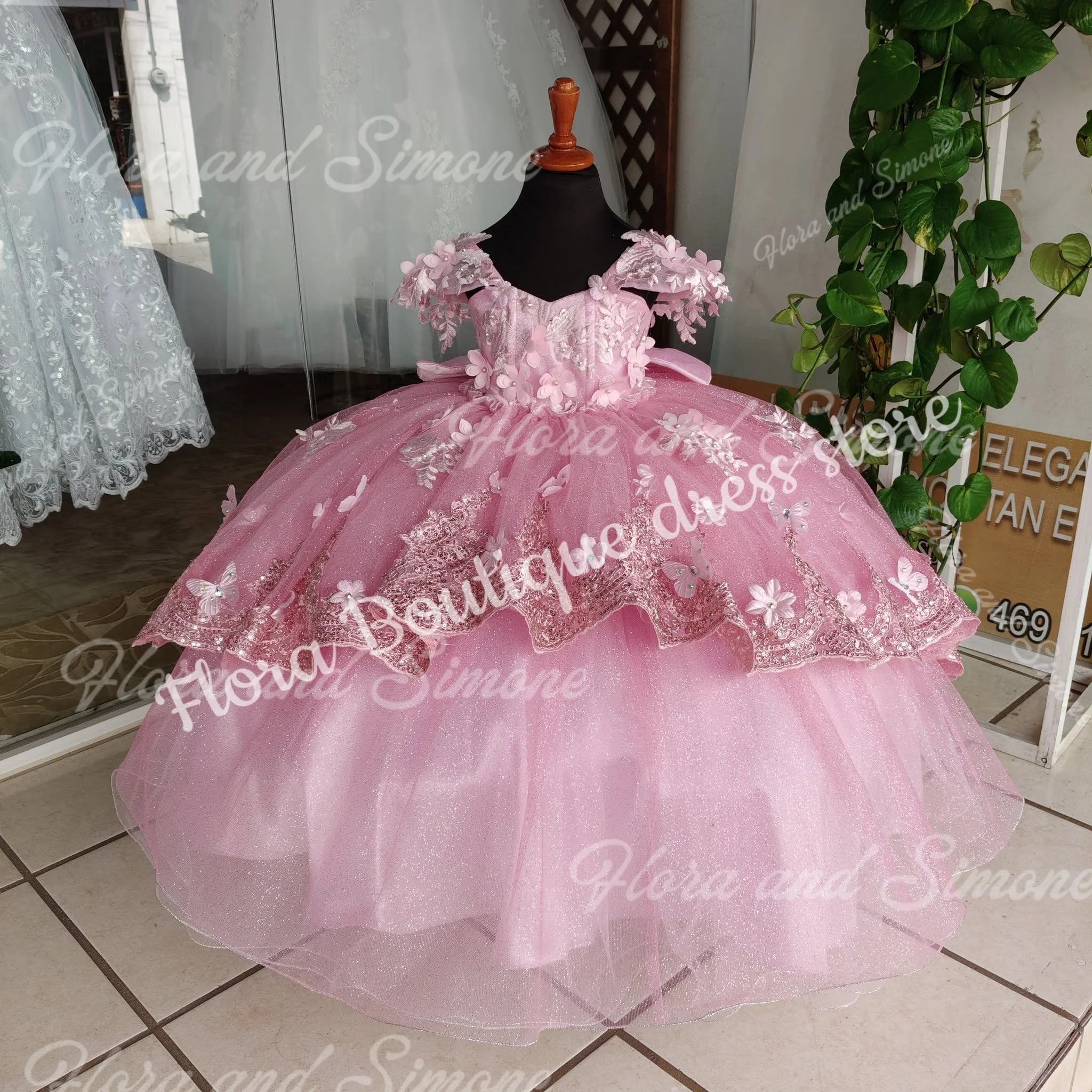 Розовое платье с цветочным узором для девочек по индивидуальному заказу на свадьбу, 3D аппликация, тюль, пышное платье с бантом, детские бальные платья для дня рождения, первого причастия