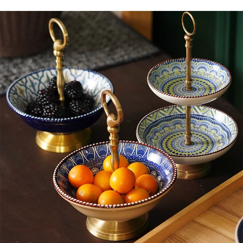 Chinese Style Painted Double Layer Ceramic Fruit Plate Metal Handle Home Living Room Desktop Candy Snack Party Cake Stand