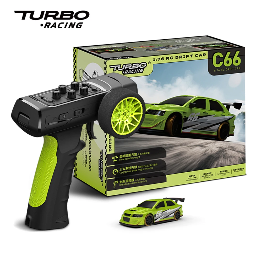 รถดริฟท์บังคับวิทยุ Turbo Racing C66 ขนาด 1/76 รุ่นมินิ แบบสมจริง ควบคุมได้เต็มรูปแบบ ใช้พลังงานไฟฟ้า ของเล่นรถแข่งบนโต๊ะสำหรับผู้ใหญ่และเด็ก