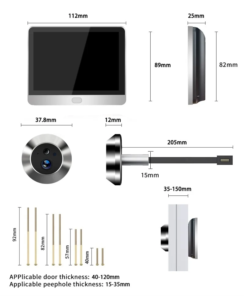 Tuya Smart Wireless 2.4G Wifi Low Power Digital Door Peepholes with Camera 1080P Door Viewer  Works with Alexa Gold Color