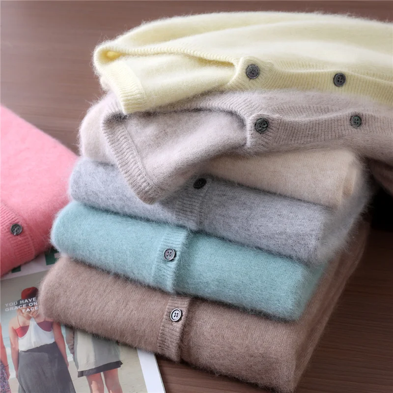 New Women 100% Mink Cashmere Sweater O-Neck Buttons Cardigan Autumn Winter Soft Warm Cable Kint Sweater Casual Long  Sleeve Tops