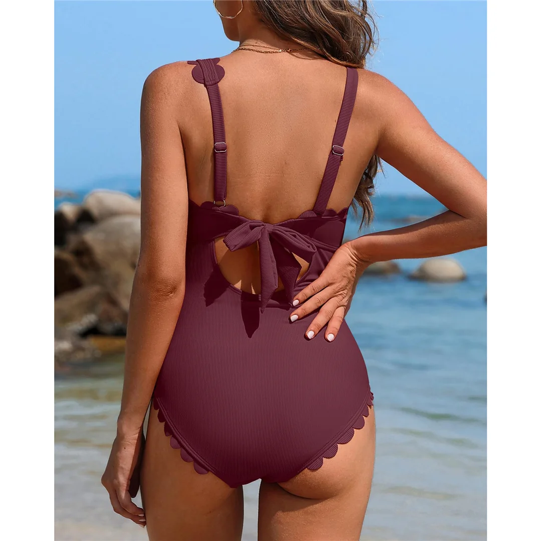 S - XXL, rückenfreier Badeanzug mit Rüschen und hohem Beinausschnitt, einteiliger Badeanzug für Damen, Monokini, gepolsterter Badeanzug, Badebekleidung, Modell V7102. – Detail 3