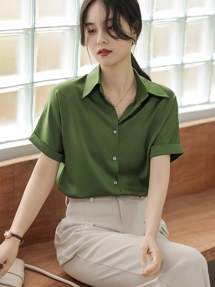 Summer Satin Silky Green Shirts Women Short Sleeve Blouse Shirts Elegant Tops Blusas Femme Office Lady Blouses for Women