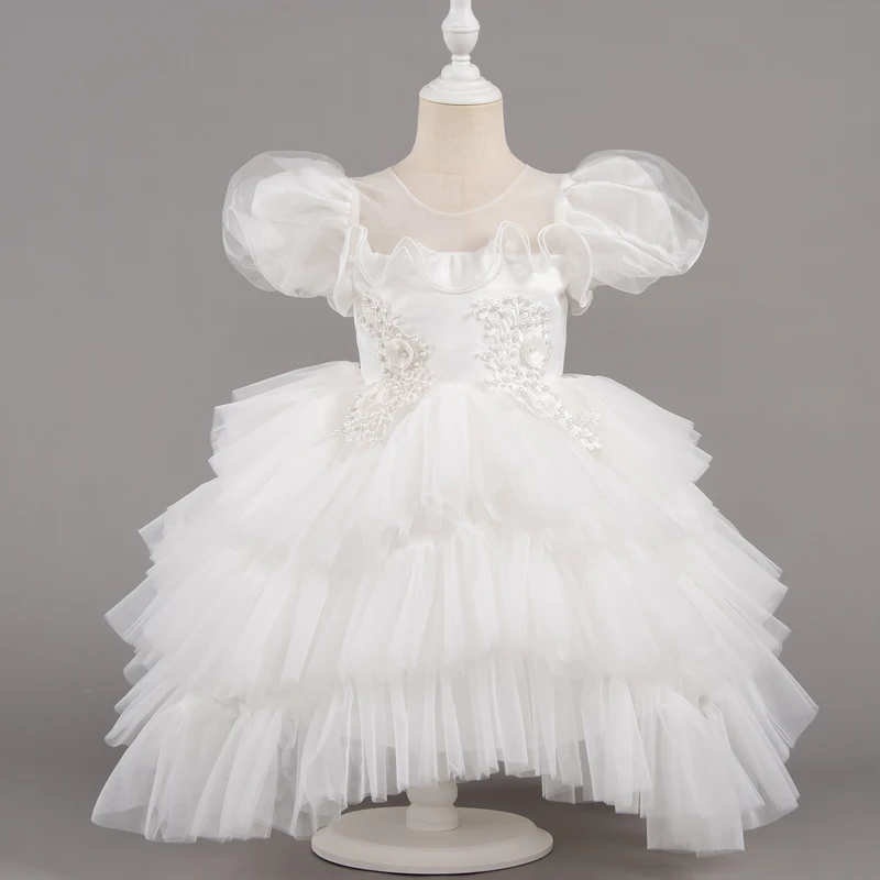 

In Stock Kid Girl Gown Dresses Children Puff Sleeve Mesh Dress Baby Girl Clothing Toddler 1st Birthday Baptism Party Gown