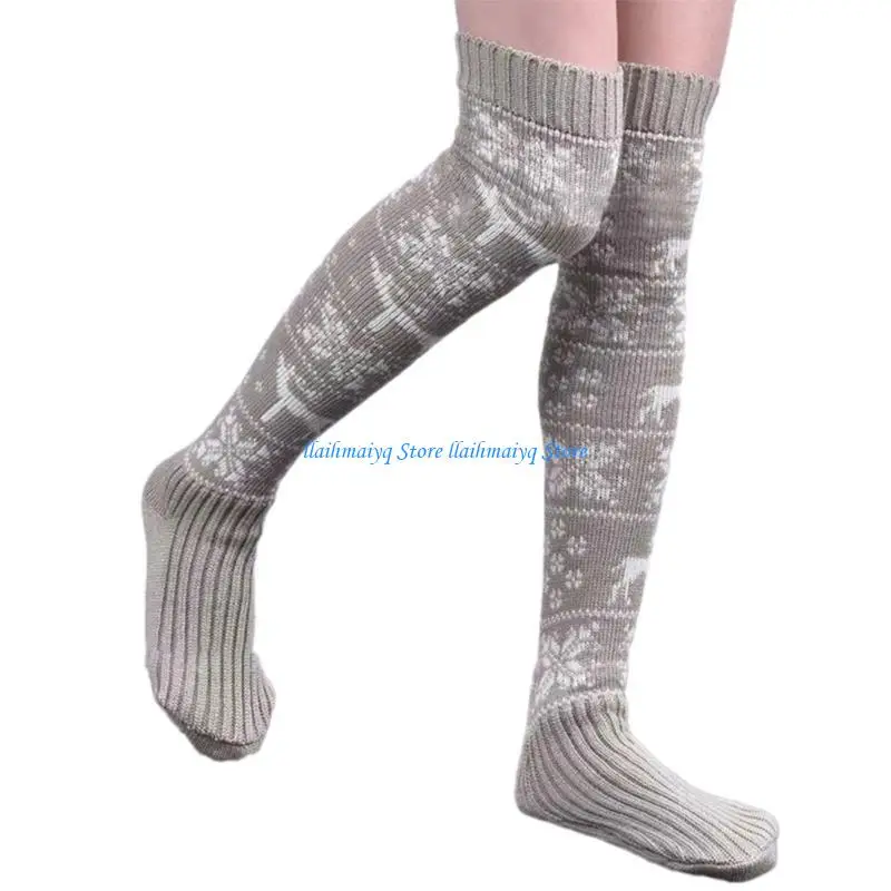 

573B Women's Over Knee Christmas Socks Reindeer Knitted Thigh High Long Stockings