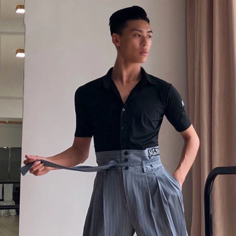 Hauts de danse latine pour hommes, chemises à manches courtes et col en v, robe Chacha Rumba Tango, vêtements de pratique latine pour salle de bal, nouvelle collection, DQS13243