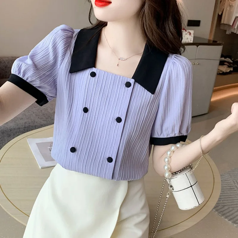 

Retro Fashion Short Sleeve Blouses Summer New Square Collar Striped Spliced Contrast Color Button Women's Clothing Shirts Tops