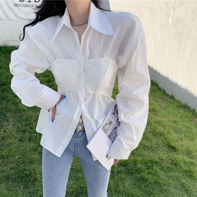 2023 New Spring and Autumn Fashion Solid Color Wrapped Chest Fake Two Piece Shirts Temperament Casual and Unique Women\'s Top