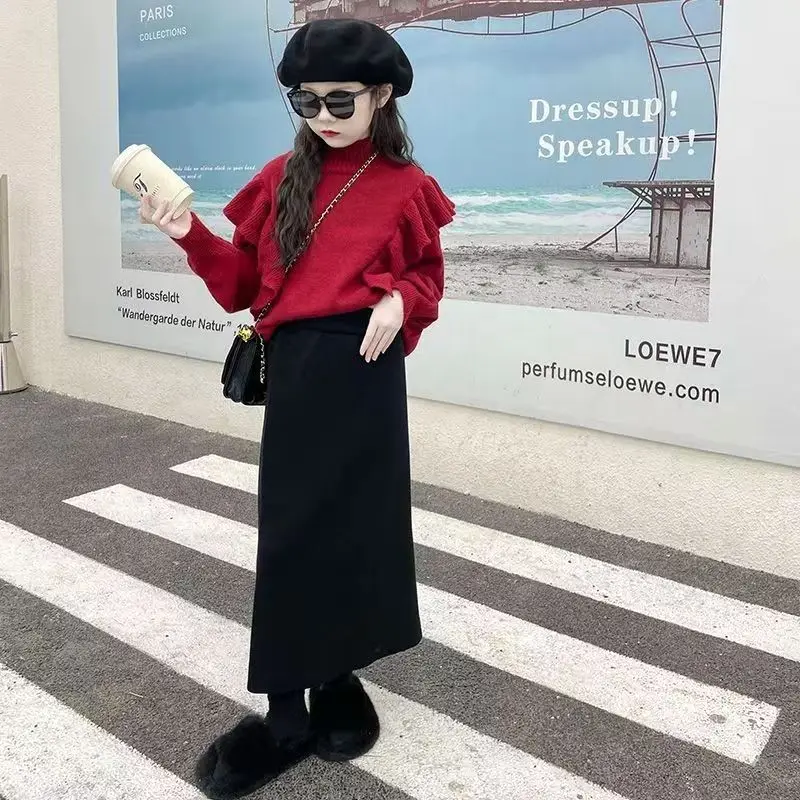 

Girl's Autumn Winter Corduroy Mid Length Fitted Skirt with Side Slit Stylish Wrap Design Kids' Skirt Children's One Piece Skirt