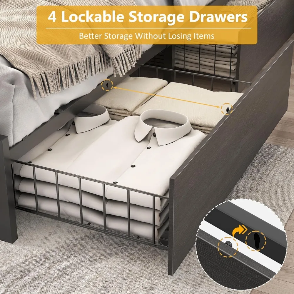إطار سرير كامل مع لوح رأسي للتخزين من طبقتين، إطار سرير بمنصة معدنية مع 4 أدراج تخزين، مدمج في وضع الشحن