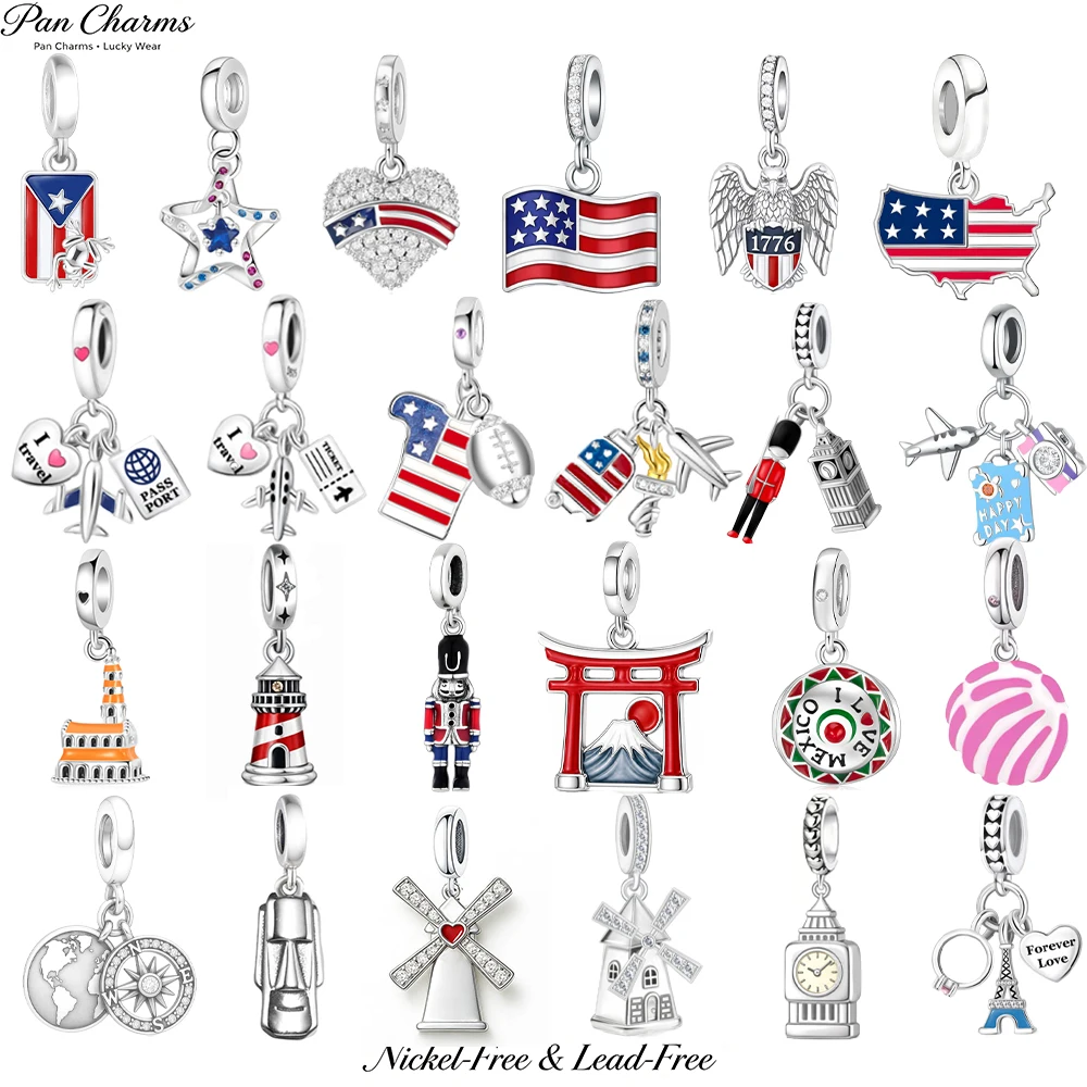 Pan Charms USA Japan Mexico Flag Landmark Pendant Beads Fit Original Bracelet Jewelry DIY Travel Souvenir Gift for Her Women