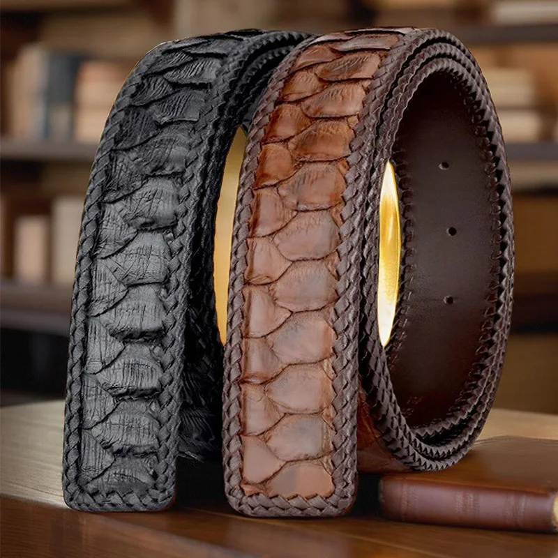 

Men Vintage Real Snakeskin Belt Handmade Weave Genuine Leather Luxury Python Leather Pants Waistband