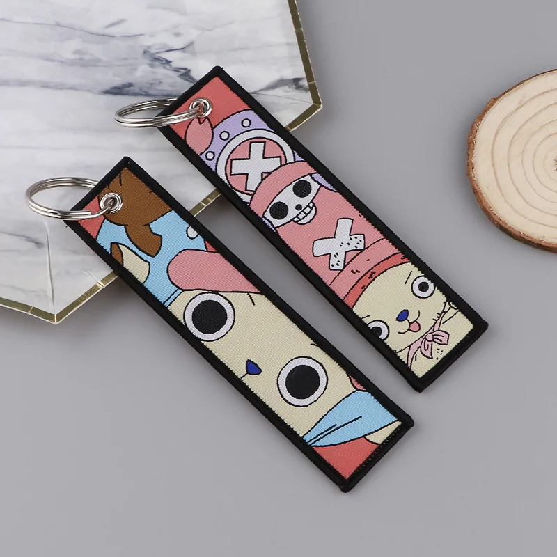 Anime One Piece Label Keychain Luffy Zoro Action Figures Fabric Woven Label Key Ring Accessories for Car Bag Key Chain Toys Gift