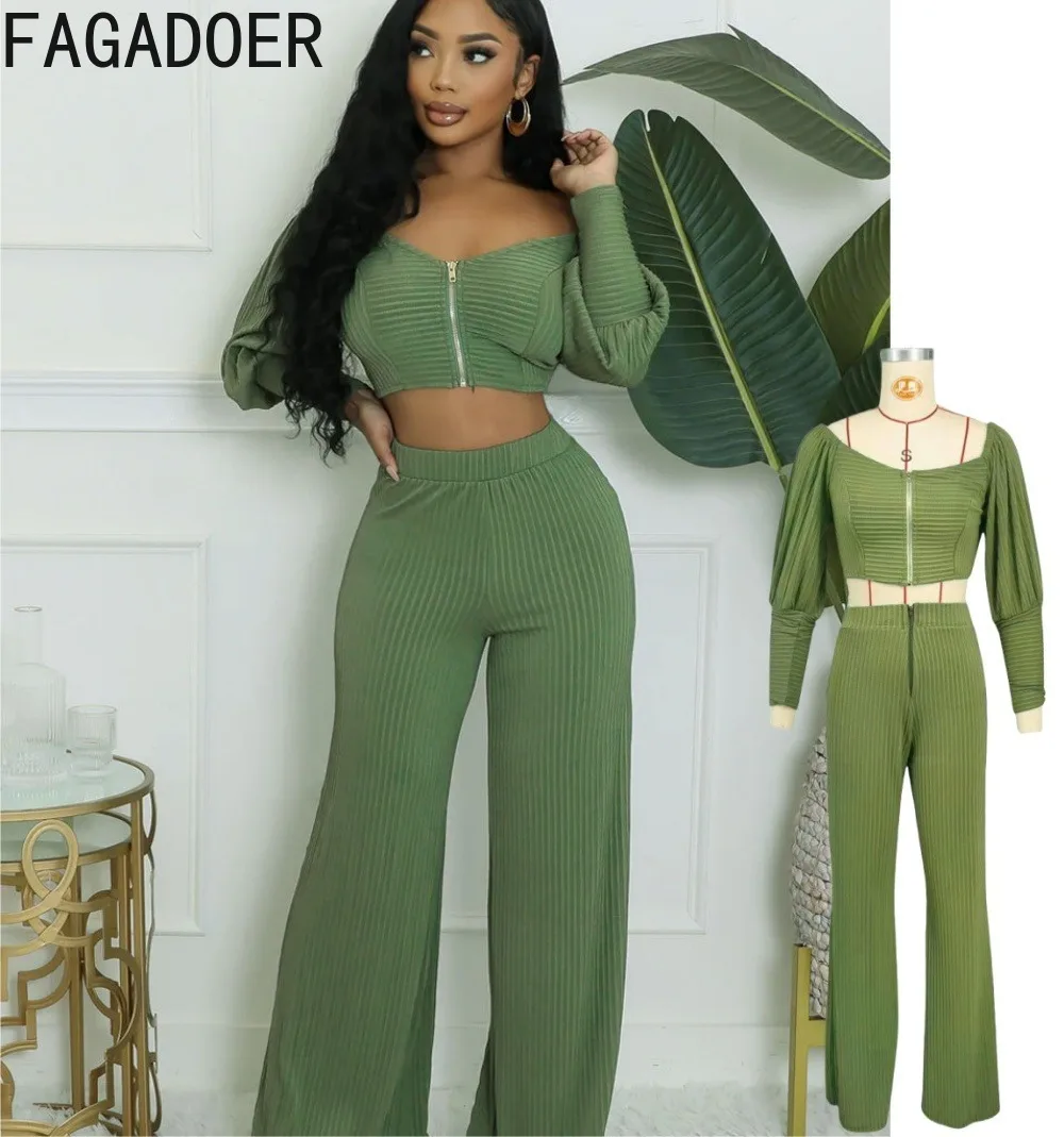 

FAGADOER Autumn New Casual Two Piece Set for Women Fashion Rib Lantern Sleeve Zip Crop Tops and Wide Leg Pants Matching Suits