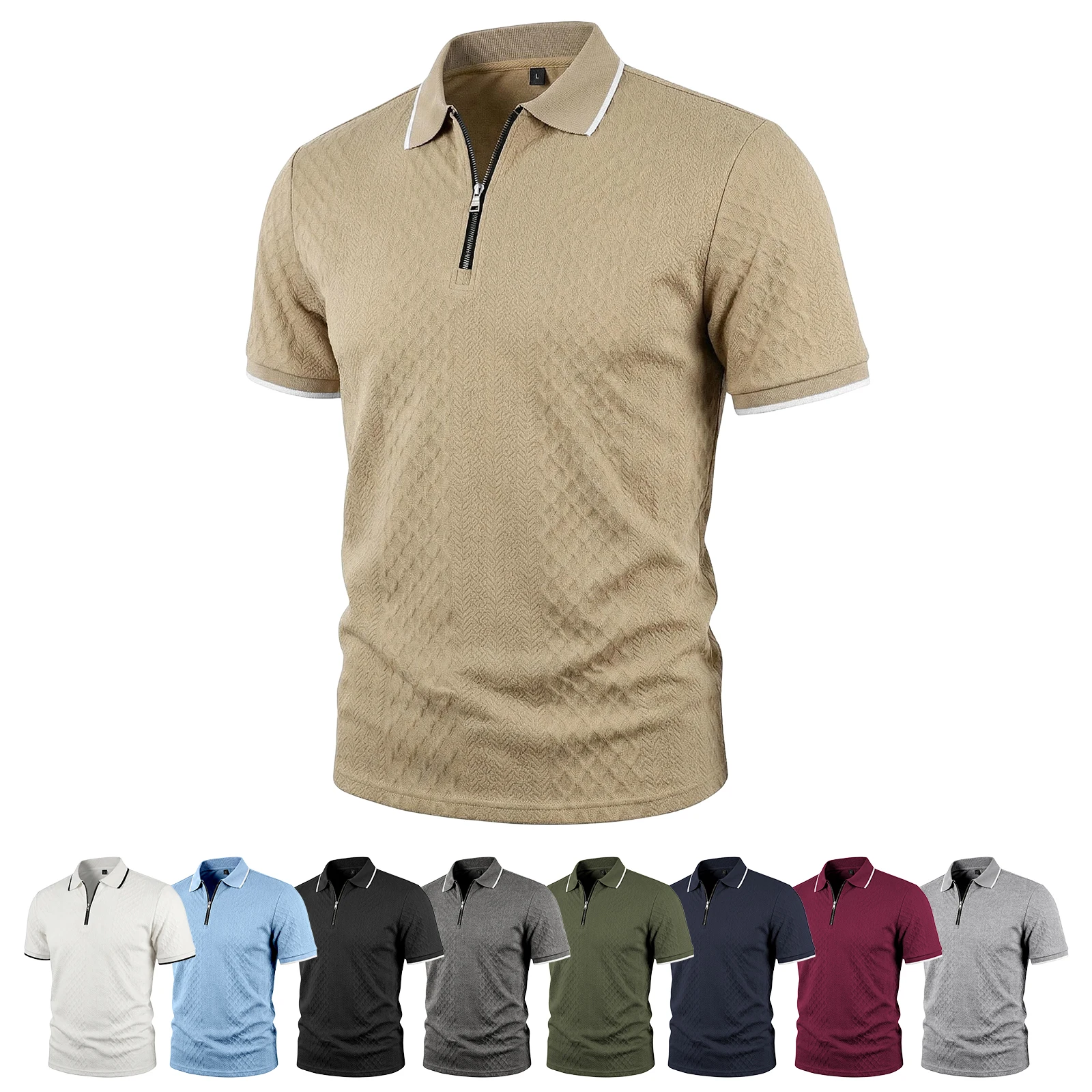 Sommer Herren Casual Business Kurzarm 9-Farben Jacquard 1/4 Reißverschluss Poloshirt | Strukturiertes Polo-Top mit Reißverschluss und kurzen Ärmeln – Detail 1