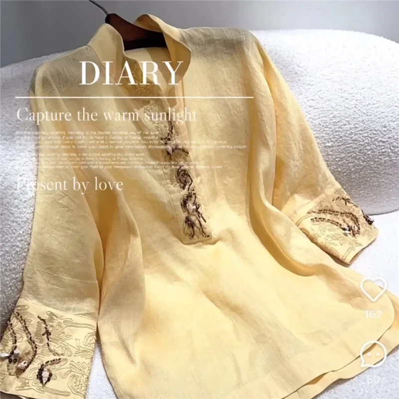 2023 neue Frühjahr Luxus Stickerei Gelb Bluse Frauen Chinesischen Stil Stehkragen Langarm Weibliches Hemd Mode Frauen Tops