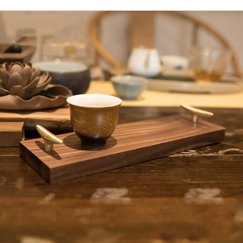 Black Walnut Brass Double Ear Tray Japanese-style Rectangular Solid Wood Tea Dessert Plate Decoration Storage Display