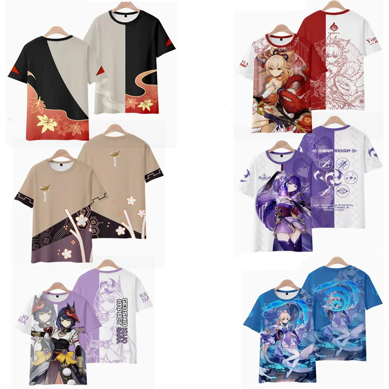 Camiseta con estampado 3D de Anime Genshin Impact para hombre y mujer, traje de Cosplay de Kaedehara Kazuha Yoimiya Sayu Raiden Shogun Kujo Sara Kokomi