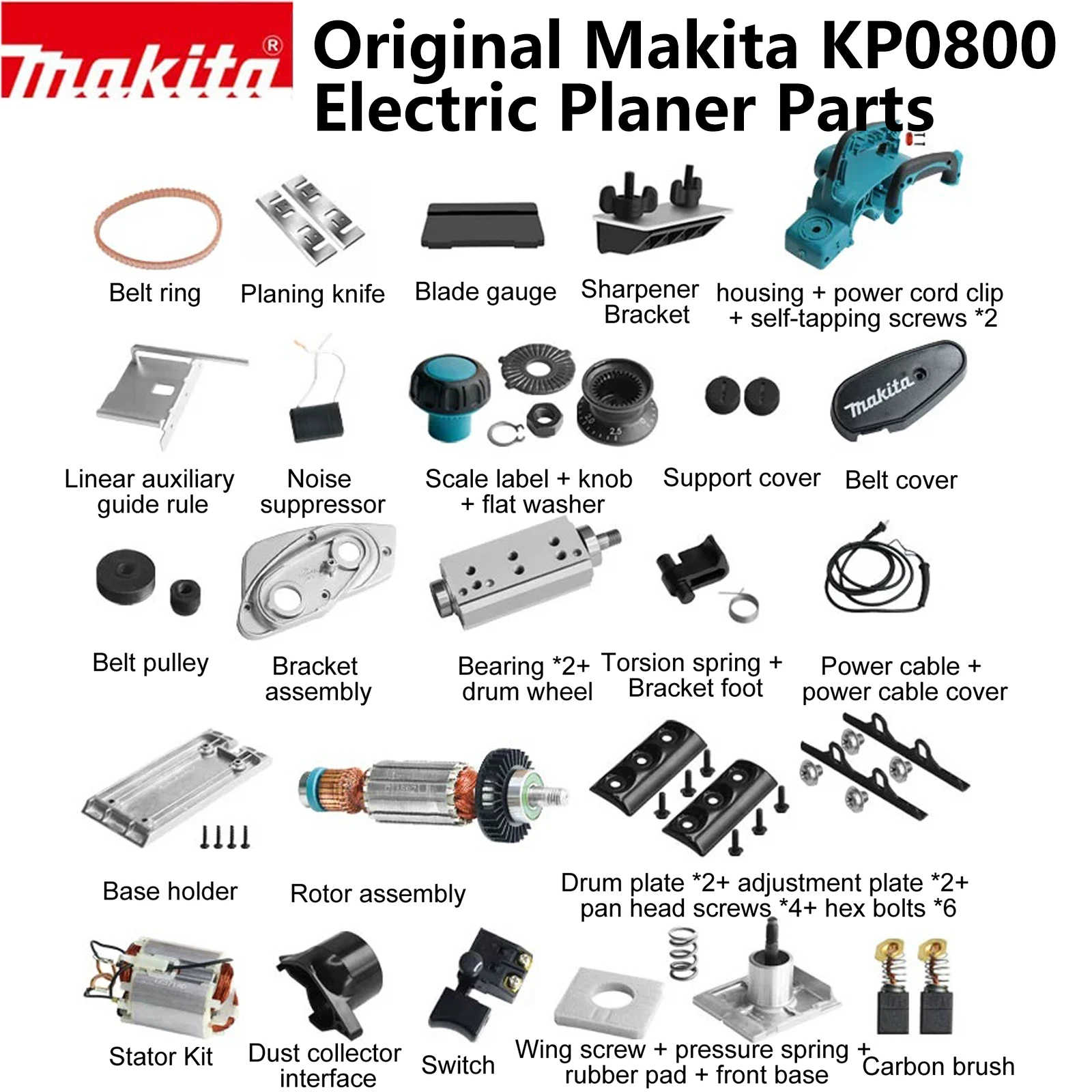 Original Makita KP0800 Electric Planer Parts Stator Kit Dust collector interface Rotor Switch Bracket assembly Base holder Linea