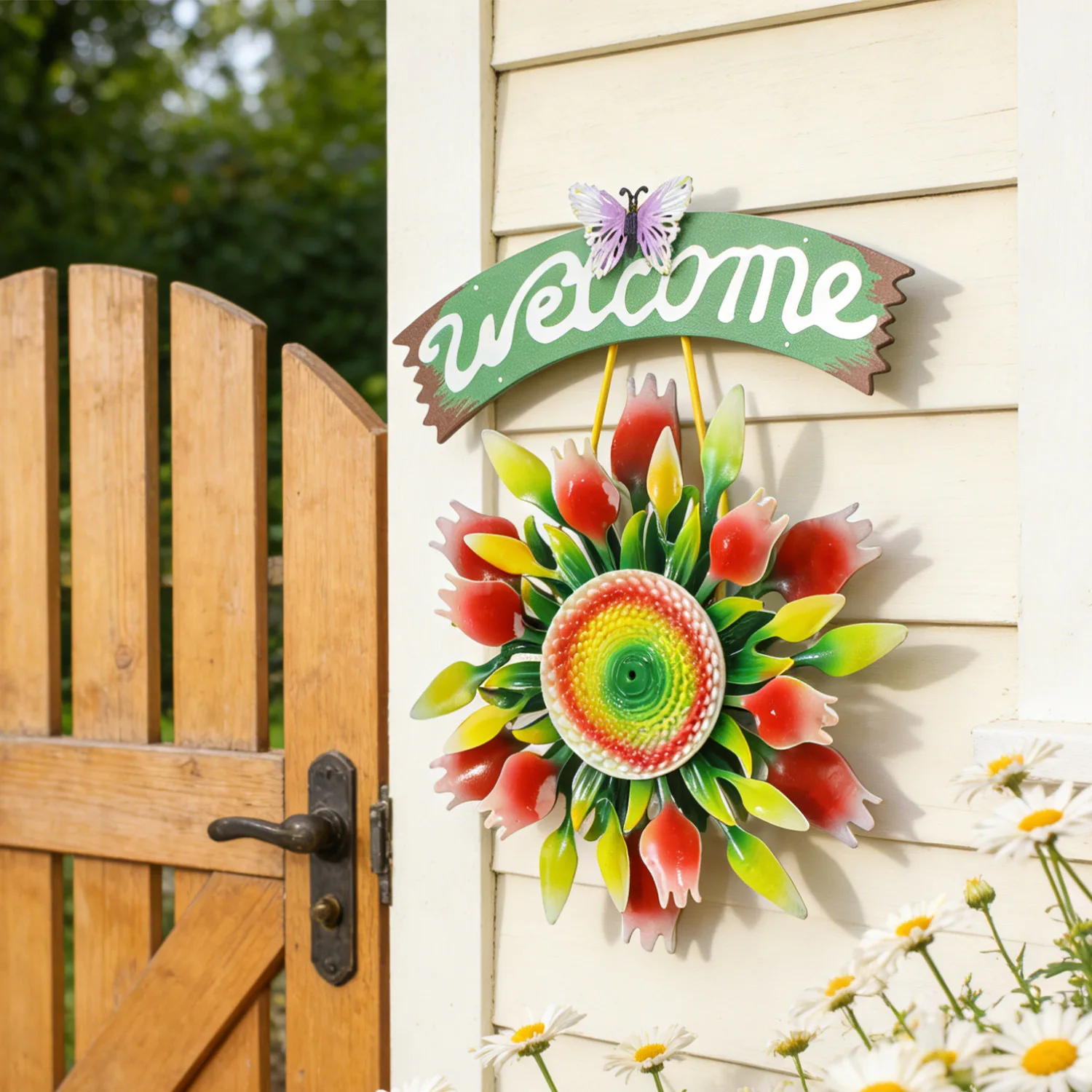 

Wall-mounted Wrought Iron Sunflower Windmill Wall Hanging Decorations Ground Plug-in Art T Courtyard Scenery Decorative Windmill