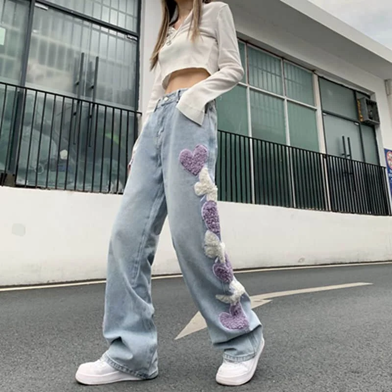 Oversized Jeans Streetwear Denim Trousers Women Jeans Loose Casual Love Embroidered Jeans Korean Fashion Loose Straight Pants